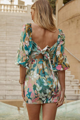 Joie Puff Sleeve Shirred Dress Abstract Print Green