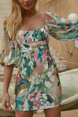 Joie Puff Sleeve Shirred Dress Abstract Print Green