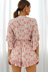 Athira Tied Bust Flared Sleeve Romper Floral Stencil Print Pink