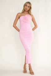 She Just Knows Ruched Flower Bust Maxi Dress Pink