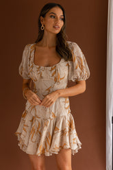 Petite Cherie Puff Sleeve Lace-Up Back Dress Leaf Print Beige