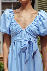 Mayflower Puff Sleeve Waist Tie Midi Dress Blue