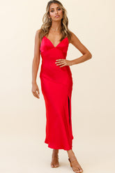 Downtown Cami Strap Front Split Midi Dress Wine