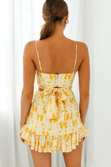 Linka Ruched Ruffle Skirt Leaf Print Yellow