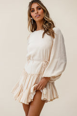 Rosabel Balloon Sleeve Fluted Hem Dress Beige