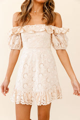 Up Front Puff Sleeve String-Tie Halterneck Embroidery Dress Beige