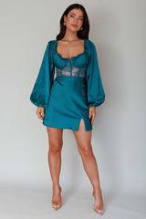 Trophy Long Sleeve Lace Bodice Mini Dress Forest Green