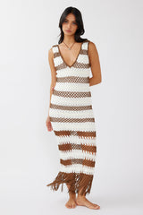 Ximena Tassel Hem Crochet Midi Dress White/Mocha