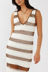 Ximena Tassel Hem Crochet Midi Dress White/Mocha