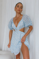 Fancy Free Puff Sleeve Cut-Out Dress Floral Blue