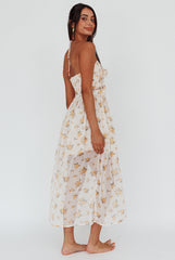 Los Feliz Tied Bust Halterneck Midi Dress Sheer Floral Yellow